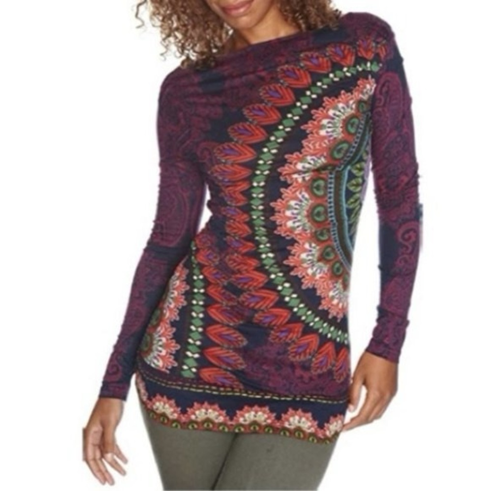 Desigual Purple Scroll Mandala Boatneck Long Sleeve Top Shirt Large